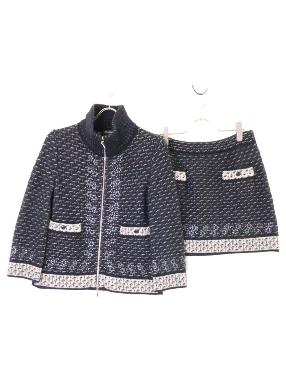 Chanel Cashmere Silk Blended Mohair Knit Zip Jacket Skirt Set /42 36